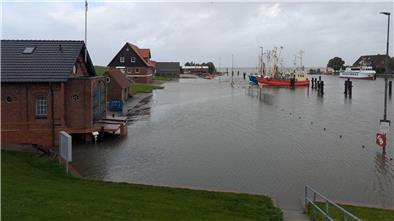 In der Wesermarsch war es auch Sonntag ungemütlich. Gegen 12 Uhr stand im Hafen von Fedderwardersiel alles unter Wasser.