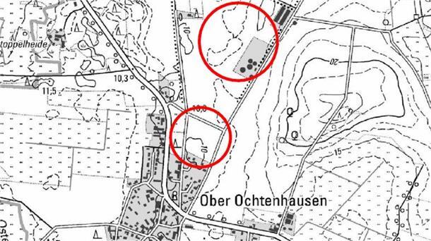 In Ober Ochtenhausen plant die OsteMethan GmbH & Co. KG den Bau einer Biomethan-Aufbereitungsanlage (oberer roter Kreis), und die Gemeinde Sandbostel möchte angrenzend ans bestehende Baugebiet „An der Schule II“ 2,5 Hektar für Wohnbebauung ausweisen.