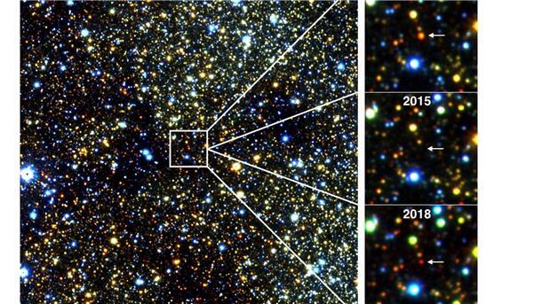 Infrarotbilder eines etwa 30.000 Lichtjahre entfernten roten Riesensterns in der Nähe des Zentrums unserer Milchstraßengalaxie, der im Laufe mehrerer Jahre verblasste und wieder auftauchte.