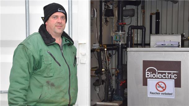 Ein Landwirt steht in Butjadingen angelehnt an seiner Biogasanlage. 