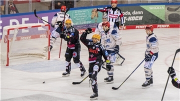 jubelnde Eishockey-Spieler auf dem Eis.