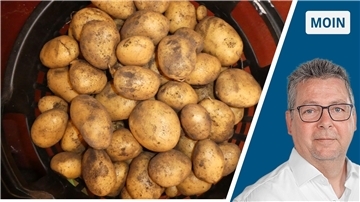 Ein mit dicken Kartoffeln gefüllter Korb und ein Mann mit Brille.