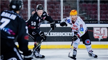 Kölns Alexander Oberlinger (50) und Phillip Bruggisser im Kampf um den Puck.