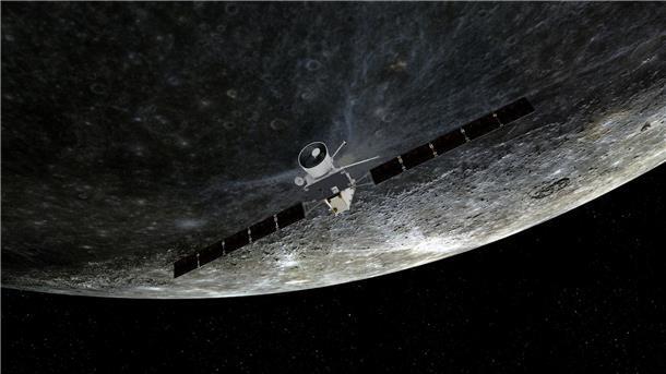 Künstlerische Darstellung des Vorbeiflugs von „BepiColombo“ am Merkur.