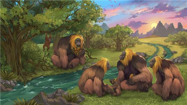 Wann und wie der größte Menschenaffe verschwand Künstlerische Darstellung einer Gruppe von Gigantopithecus blacki in einem Wald.