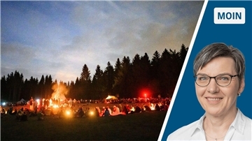 Collage Bild eines großen Lagerfeuers/Portrait Andrea Vogt