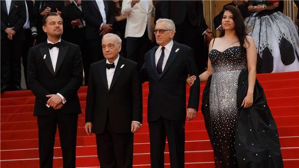 „Killers of the Flower Moon“: Scorseses Western-Krimi Leonardo DiCaprio (l-r), Martin Scorsese, Robert De Niro und Cara Jade Myers stellen ihren Film „Killers of the Flower Moon“ in Cannes vor.