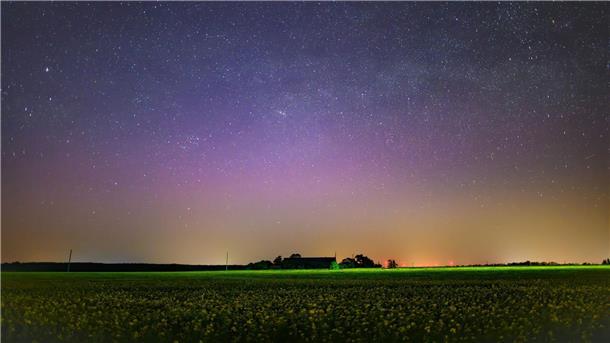 Polarlichter bringen Deutschlands Nachthimmel zum Leuchten Lila leuchtet ein Polarlicht am Nachthimmel im Landkreis Märkisch-Oderland in Ostbrandenburg.