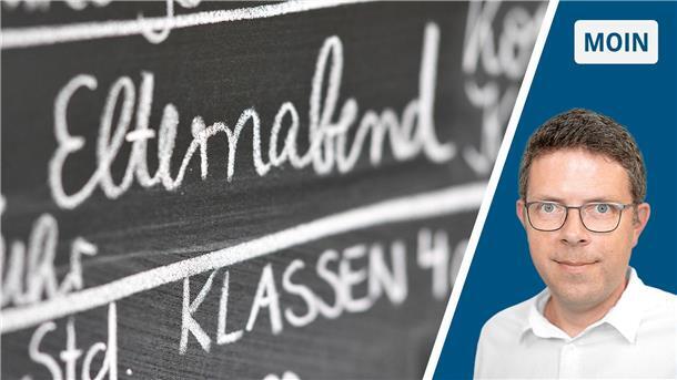 Links ist eine Tafel mit dem Schriftzug „Elternabend“ zu sehen, rechts Redakteur Timo Kühnemuth.