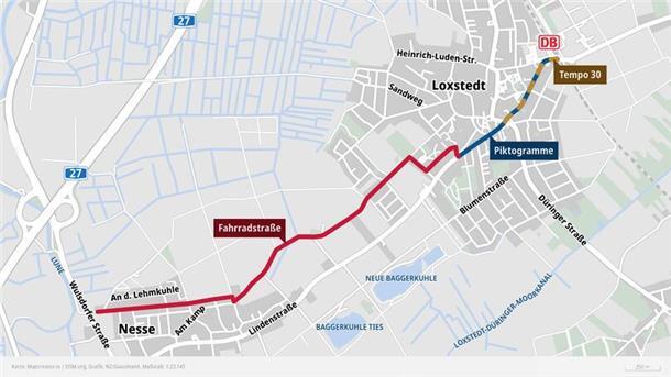 Loxstedt bekommt eine Fahrradstraße Loxstedts erste Fahrradstraße wird von Nesse nach Loxstedt führen - von der Landesstraße 135/Einmündung Gewürzmühle über „Im Tweyad“ zur Hackenburg- und der Gorch-Fock-Straße und dann in die Bahnhofstraße münden.