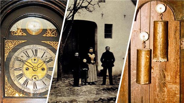 Made in Uthlede: Eine Uhr des Meisters Hanneke (v.o.), die im Allmershaus in Rechtenfleth steht, die Besitzer des früheren Uhrmachergeschäftes Foege in der Achterstraße und die Gewichte eines Uhrwerkes aus Uthlede.