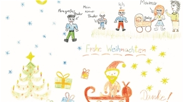 Ein Kinderbild mit Weihnachtsmann, Sternen, Geschenkpaketen und Weihnachtsbaum.
