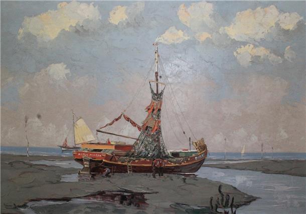 Nordseeküste inspiriert: „Mädchen mit Hut“ und mehr Kunst in Dorum Ein Bild von einem Schiff im Watt.