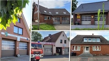 Marode oder zu klein: Für diese betagten Feuerwehrhäuser (von links im Uhrzeigersinn) Wremen, Deichsende, Midlum, Nordholz und Dorum werden vier neue Häuser gebaut. Nordholz und Deichsende ziehen in ein gemeinsames Gebäude. 