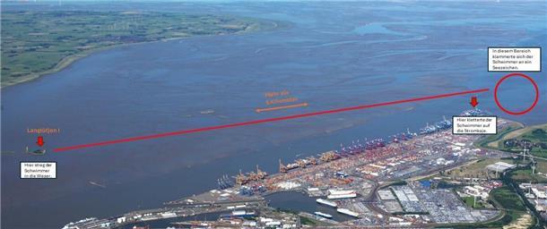 Wahnsinn: Nackter Schwimmer (37) kämpft stundenlang in der Weser ums Überleben Luftfoto von der Weser bei Bremerhaven