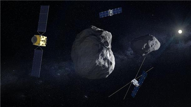 Mission „Hera“ mit Raumsonde (l) und begleitenden CubeSats (oben Milani und unten Juventas) am Doppel-Asteroiden Dimorphos/Didymos.