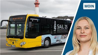 Gutes Timing oder gute Organisation? Busfahren zur Sail im Selbsttest Zweigeteiltes Bild: links ein Bus, rechts eine junge Frau mit blonden Haaren (NZ-Reporterin Marie Petersen).