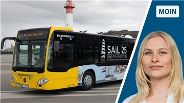 Zweigeteiltes Bild: links ein Bus, rechts eine junge Frau mit blonden Haaren (NZ-Reporterin Marie Petersen).