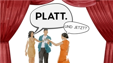 Es ist eine Zeichnung zu sehen, die neben einem Theatervorhang drei Erwachsene zeigt.