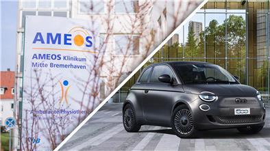 Fotokollage: Auf der linken Seite ist ein Schild mit der Aufschrift "Ameos", auf der rechten Seite ein Auto.