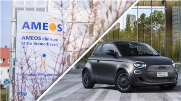 Fotokollage: Auf der linken Seite ist ein Schild mit der Aufschrift "Ameos", auf der rechten Seite ein Auto.
