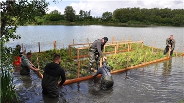 Mitglieder des Butjadinger Fischereivereins montieren am Inselsee bei Kleinensiel vier Röhrichtinseln.