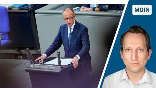 In der linken Hälfte des Bildes ist Friedrich Merz zu sehen. In der rechten Drittel des Bildes ist der Kopf des Autors zu sehen. Er trägt ein weißes Hemd. 