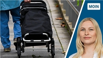 Zweigeteiltes Bild: links ein Einkaufstrolley, der von einer Person gezogen wird, rechts Reporterin Marie Petersen.