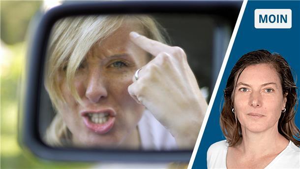 Frau zeigt Mittelfinger, daneben ein Porträt