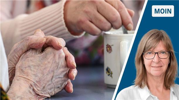 Heuschrecken in der Pflege: Risiko für Seniorenheime? Gefaltete, faltige Hände und eine Hand, die in einem Becher rührt.