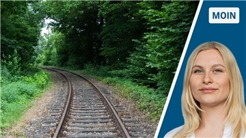 Zweigeteiltes Bild: Links eine stillgelegte Bahnstrecke, rechts NZ-Reporterin Marie Petersen.