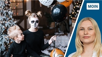 Zweigeteiles Bild: links zwei geschminkte Kinder; rechts eine junge Frau mit blonden Haaren.