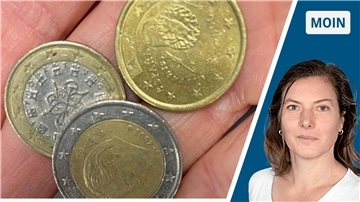 Euro-Münzen und ein weibliches Porträt in Bildkombination.