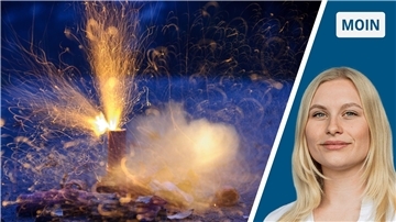 Zweigeteiltes Bild: Links ein Silvesterknaller, dessen Lunte gerade herunterbrennt; rechts junge Frau mit blonden Haaren, die ein weißes Oberteil trägt.