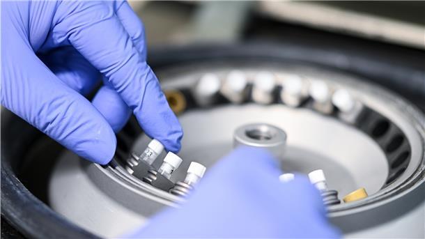 Hände in Handschuhen im Labor
