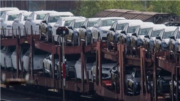 Neuwagen stehen auf einem Güterzug am Güterbahnhof in Seelze in der Region Hannover. Die Stimmung in der deutschen Autoindustrie hat sich im November weiter verschlechtert.
