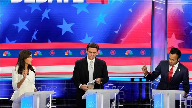 Nikki Haley (l-r), Ron DeSantis und Vivek Ramaswamy sind Präsidentschaftsanwärter.