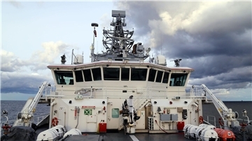 Offshore-Schiff Turva des finnischen Grenzschutzes auf Patrouille auf der Ostsee in der Nähe der Stelle zu sehen, an der die beschädigte Balticconnector-Gaspipeline im Finnischen Meerbusen geortet wurde.