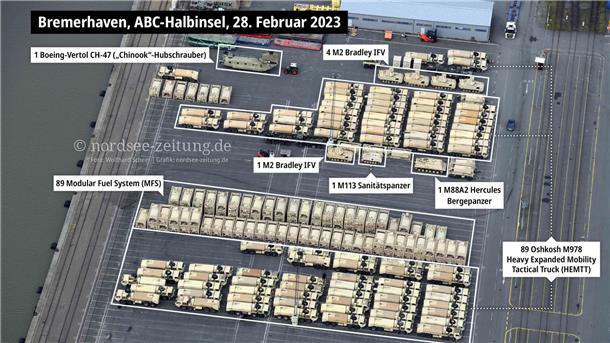 Luftaufnahme: Zahlreiche Militärfahrzeuge stehen im Hafen.