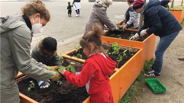 Pflanzaktion auf dem Pausenhof (von links): Nora Wieczorek (Quartiersmeisterei Lehe), Alva Scharz (Wohnprojekt Lutherstraße), Lars Graß (Projekt Rückenwind für Leher Kinder), (hinten) Renate Gosdschan (Wohnprojekt Lutherstraße) sowie helfende Anwohnerinnen und Kinder.