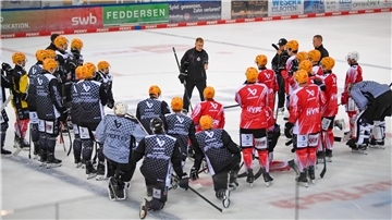Ein Trainer gibt Eishockeyspielern Anweisungen.