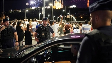 Polizisten kontrollieren einen Autofahrer in Lyon, während die Menschen ein Feuerwerk zum Tag der Bastille beobachten.