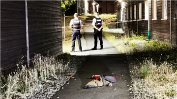 Polizisten stehen am Tatort in Mülheim an der Ruhr.