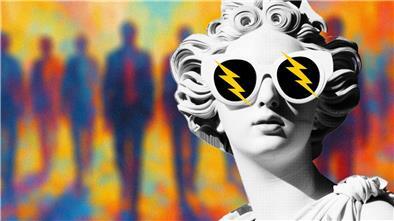 Pop-Art-Collage mit einer klassischen Marmorbüste, die moderne Sonnenbrillen mit gelben Blitzen auf schwarzem Hintergrund trägt. Im Hintergrund sind bunte, verschwommene Silhouetten von Menschen in leuchtenden Farben wie Orange, Blau und Gelb zu sehen. Die Darstellung wirkt retrofuturistisch und symbolträchtig.
