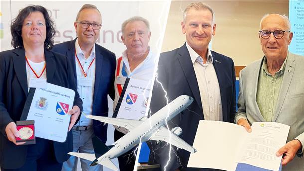 zwei Männer mit einer Urkunde, ein Mann steht im Hintergrund