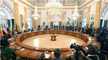 Präsident Putin (l) konferiert mit den Vertretern mehrerer afrikanischer Staaten in St. Petersburg.