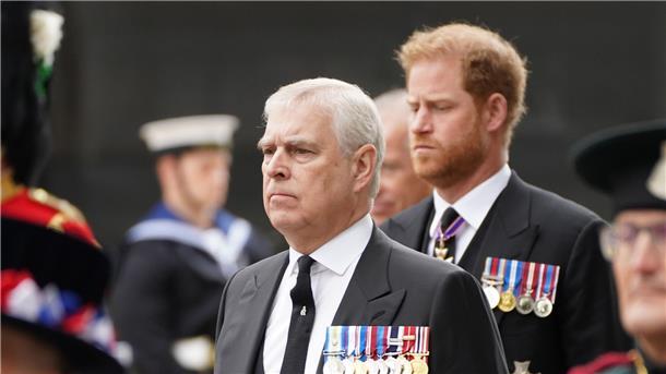 König Charles schiebt Andrew und Harry ins Abseits Prinz Andrew (l) und Prinz Harry (dahinter) beim Trauergottesdienst für Königin Elizabeth II. in der Westminster Abbey.