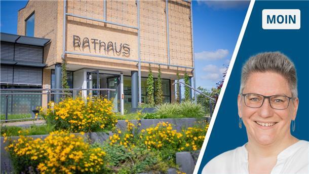 geteiltes Bild: links: Rathaus-Gebäude mit Blumenbeeten im Vordergrund; rechts: Frau in weißer Bluse mit Brille