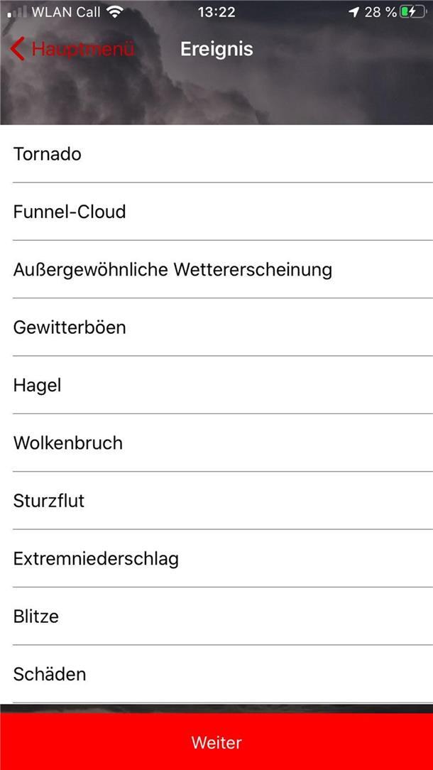 „Jede Gewitterwolke hat das Potenzial, einen Tornado hervorzubringen“ Screenshot aus der Skywarn-App: Hierüber geben Skywarner ihre Meldungen über beobachtete Wetterereignisse ein.