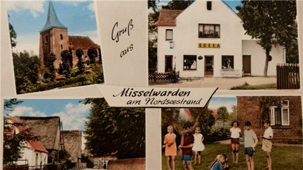 Blick zurück: Gerda Dickhoff war die „Tante Emma“ von Misselwarden „Sehenswürdigkeit“: Der Edeka-Markt (oben rechts) von Gerda Dickmann zierte in den 1970er Jahren sogar eine Ansichtskarte aus Misselwarden.